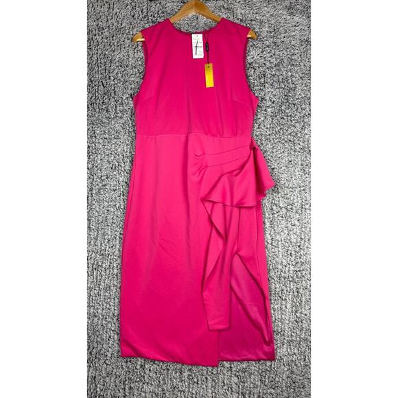 NWT Alexia Admor Valeria Dress Hot Pink Crew Neck Slit Thigh Knee Length Size XL - Picture 2 of 12